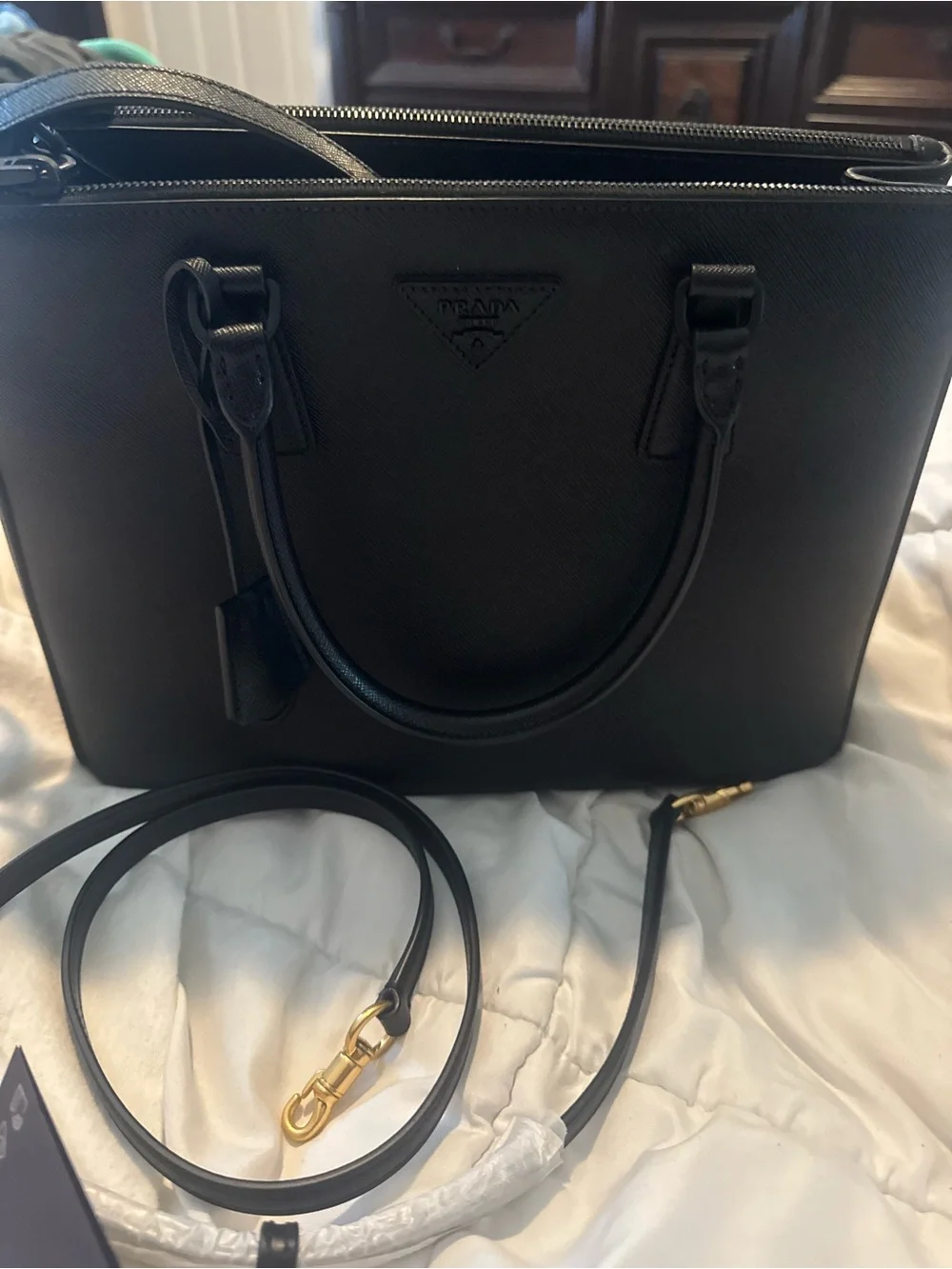Prada Black Saffiano Leather Satchel with Gold Hardware